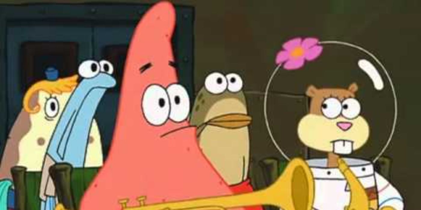 Patrick holding an instrument with Sandy sitting beside him in SpongeBob SquarePants