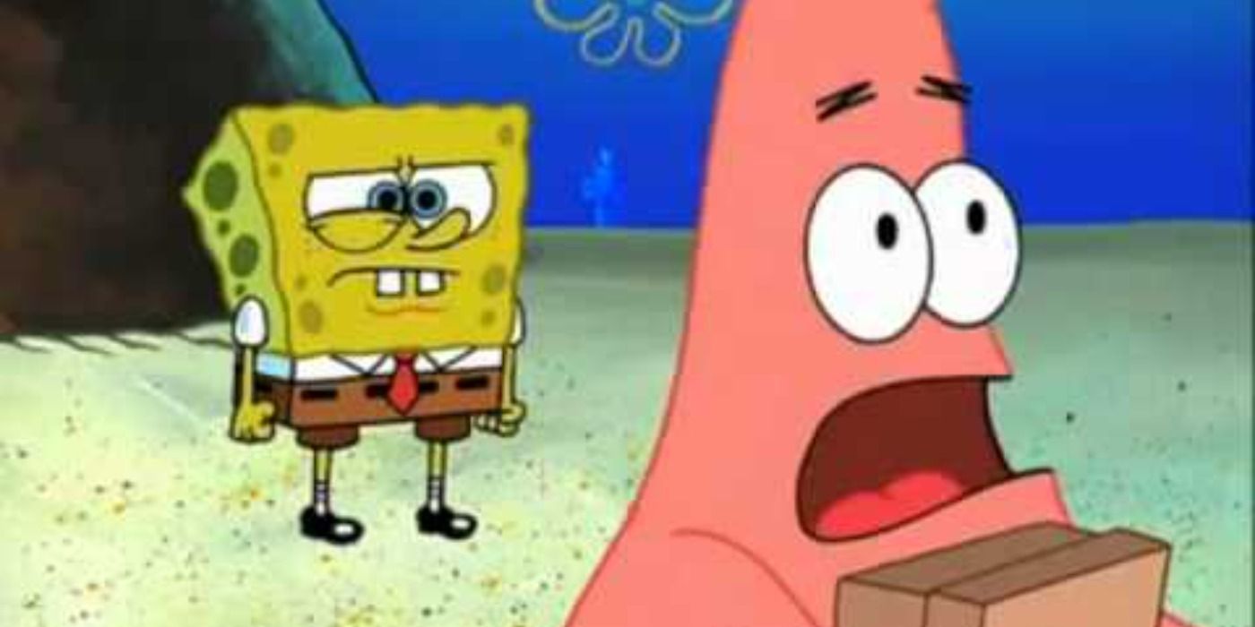 Patrick holding a box with SpongeBob glaring at him in SpongeBob SquarePants