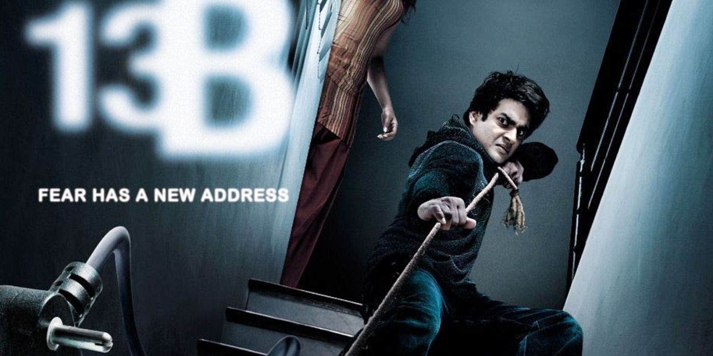 The movie poster for 13B with a man pulling a rope.