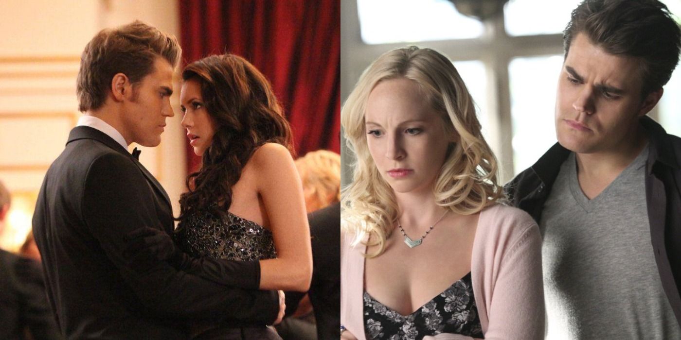 Split image of Stefan with Elena and Stefan with Caroline on The Vampire Diaries