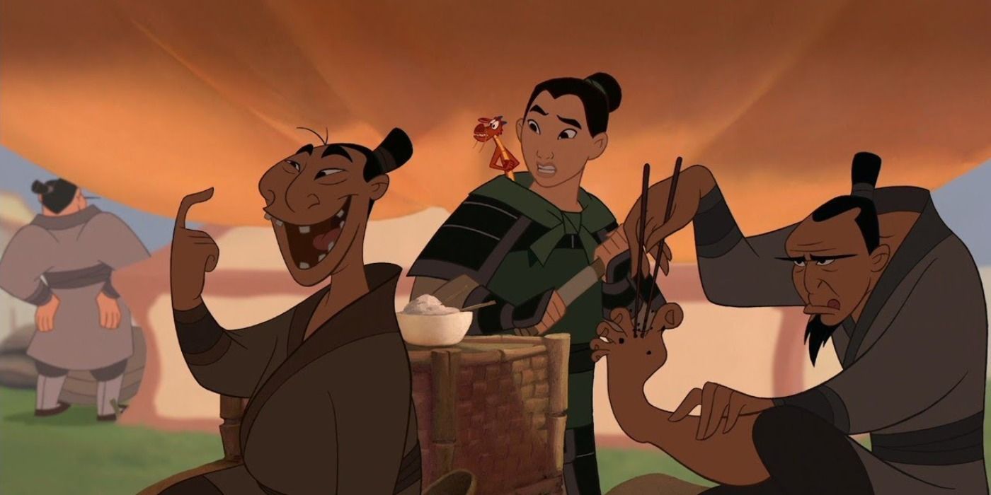 Mulan looking grossed out as she observes two men in Mulan