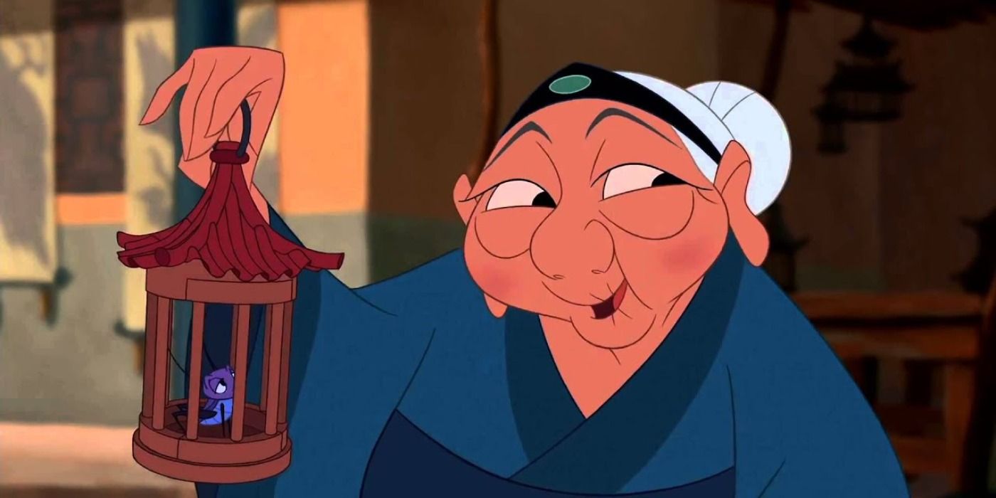 Grandma Fa and Cri-Kee in Mulan about to cross a busy road.