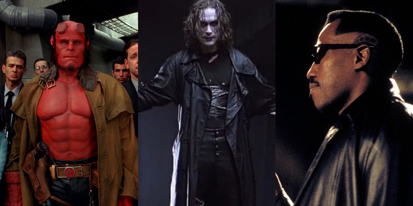 A collage of the comic book movies Hellboy, The Crow, and Blade.