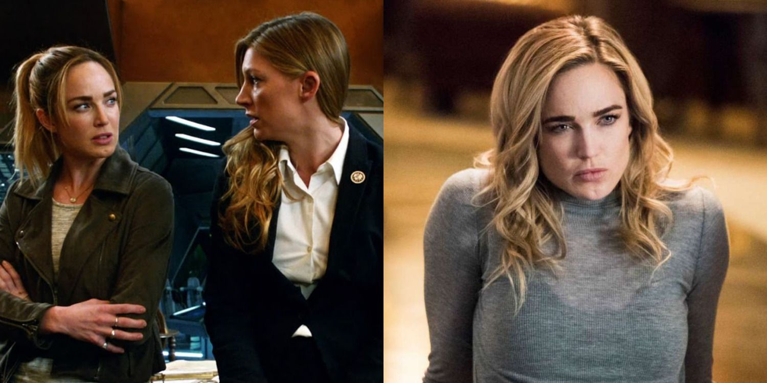A split image of Sara and Ava talking and Sara looking at her team on Legends of Tomorrow
