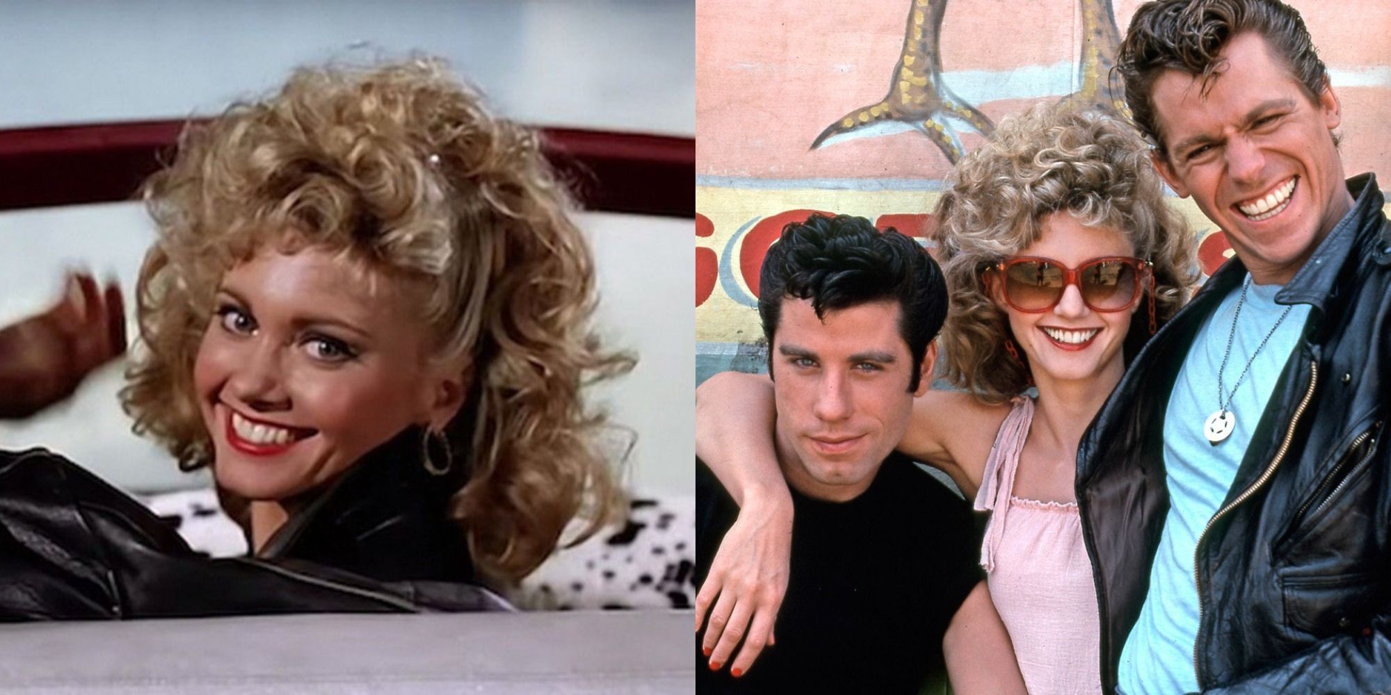 Grease: Sandy looking back in the flying car / Sandy, Danny, and Danny's friend