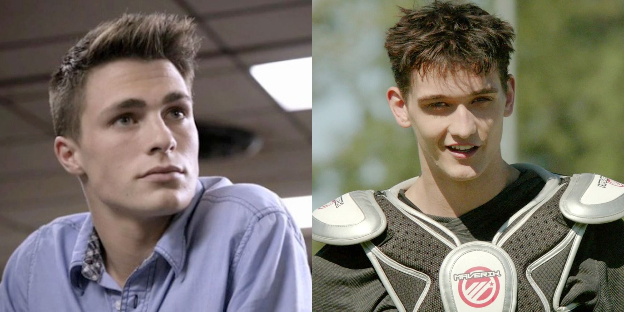 A split image of Jackson in a blue shirt and Brett in his lacrosse gear from Teen Wolf