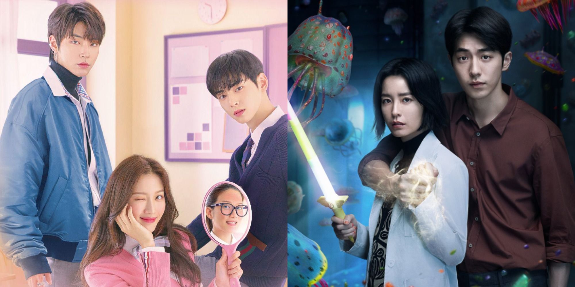Two side by side images of k-dramas set in high school.