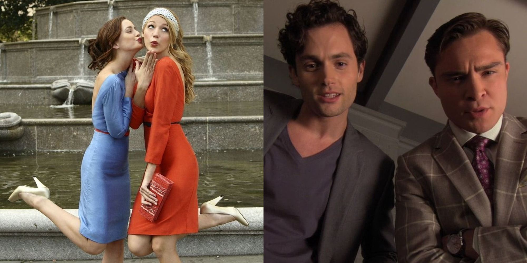 Split image of Blair and Serena posing by a fountain, and Chuck and Dan staring down at the camera