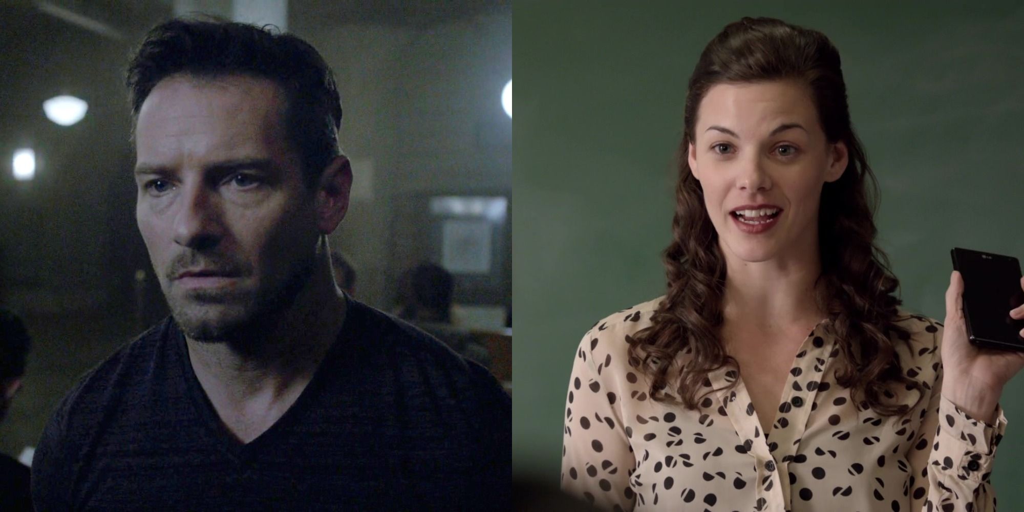 A split image of Peter Hale in the Ghost Rider's train station and Jennifer Blake holding up a mobile phone in a classroom from Teen Wolf