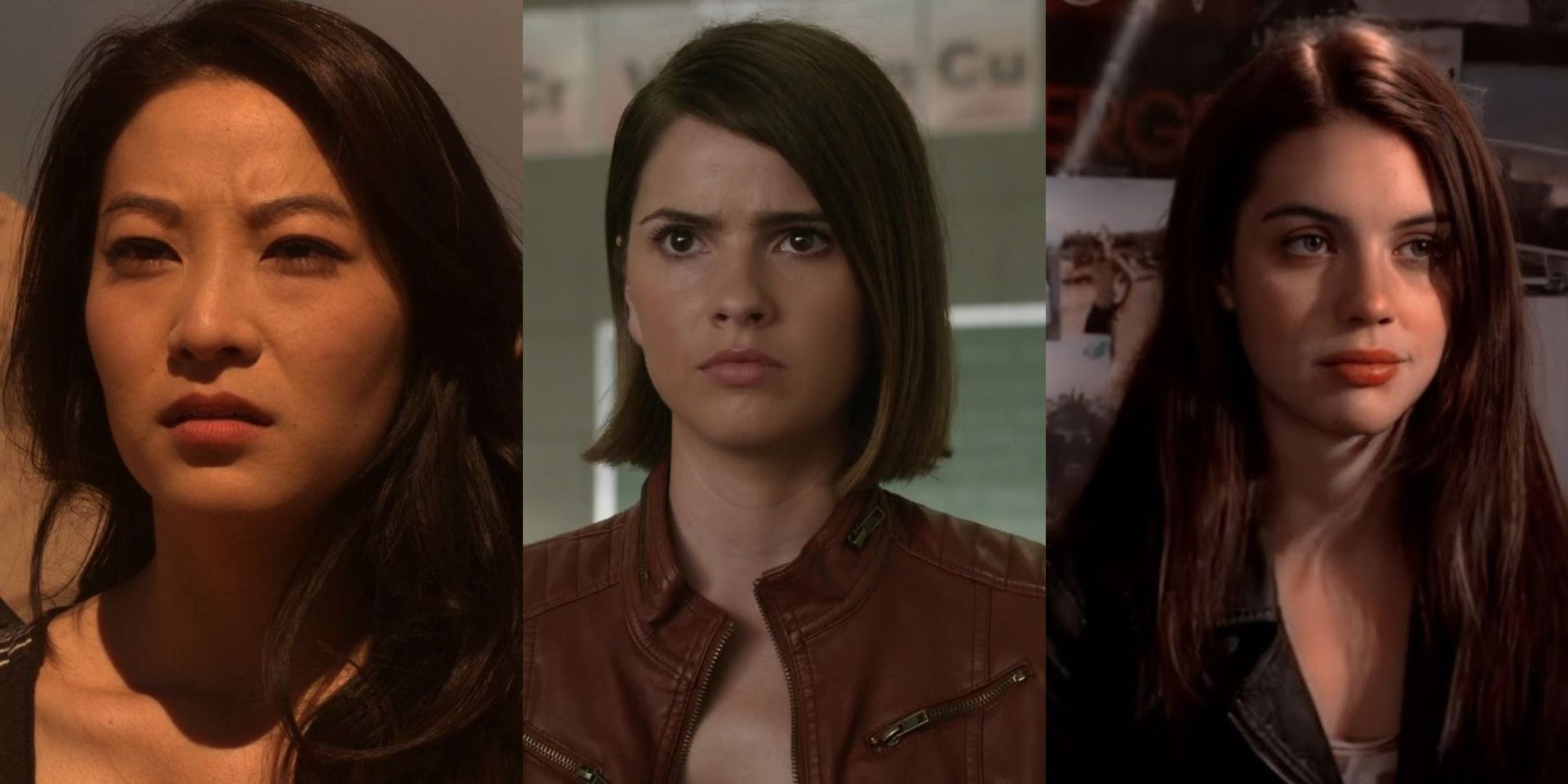A split image of Kira Yukimura squinting in the desert, Malia frowning in a classroom, and Cora Hale in Stiles' bedroom in Teen Wolf