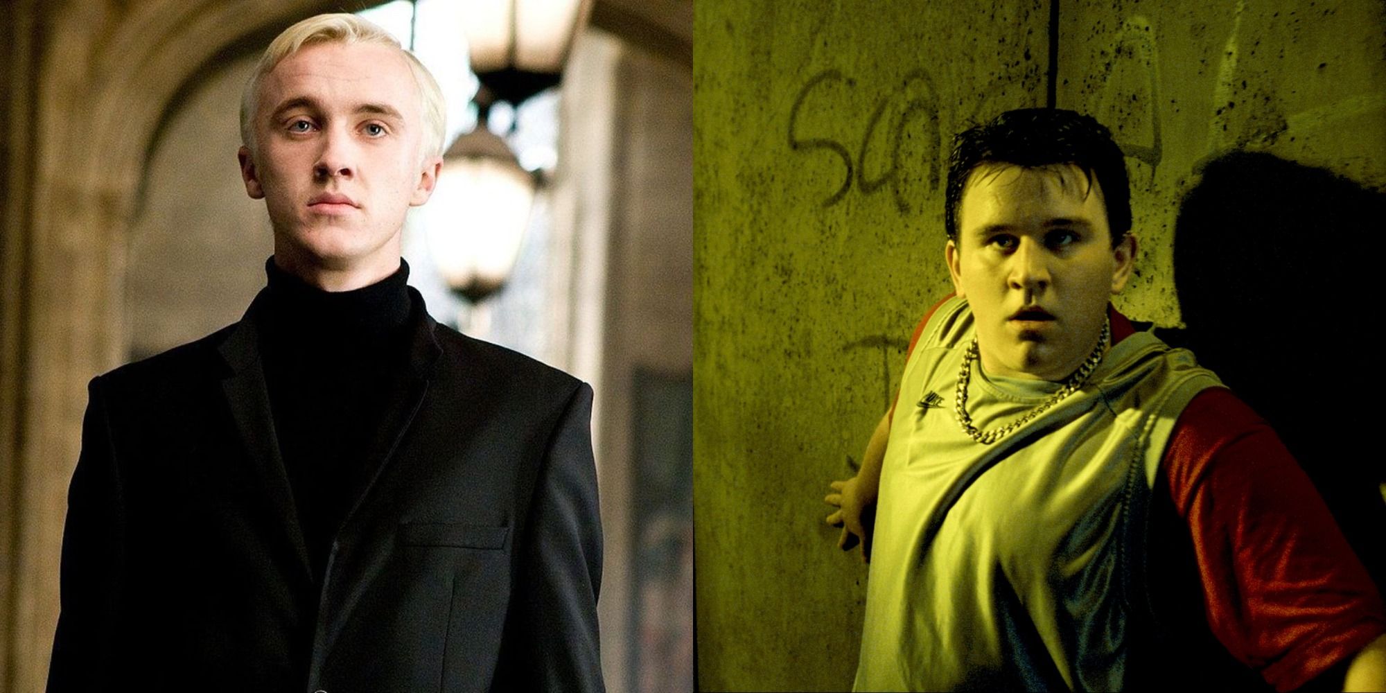 A split image of Draco Malfoy in a black suit and Dudley Dursley in an alleyway from Harry Potter