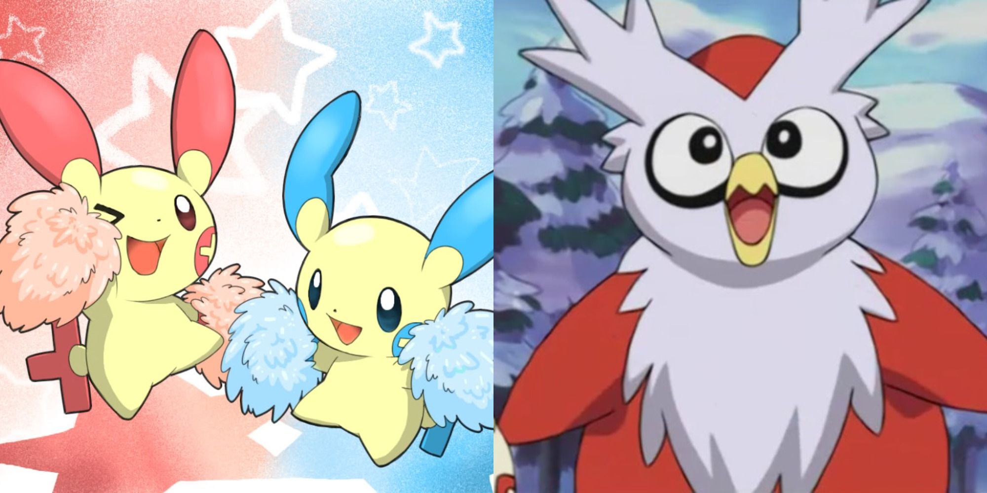 Split image of Plusle and Minun cheering, with Delibird from Pokémon