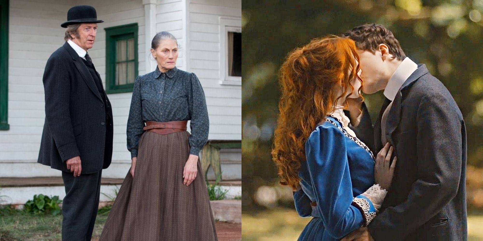 A split image of Matthew and Marilla standing outside of their house and Anne and Gilbert kissing in Anne with an E