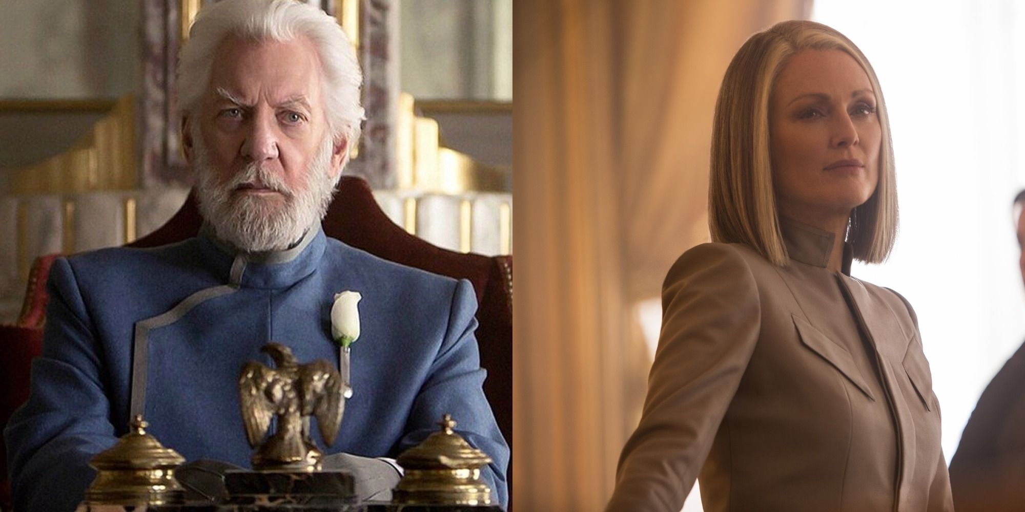 A split image of President Snow and President Coin from The Hunger Games