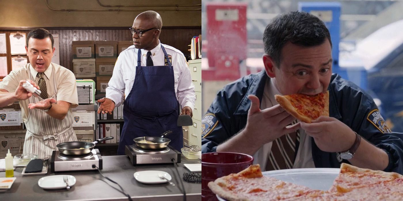 Split image: Charles teaches Holt how to cook, and Charles eats pizza on Brooklyn Nine-Nine