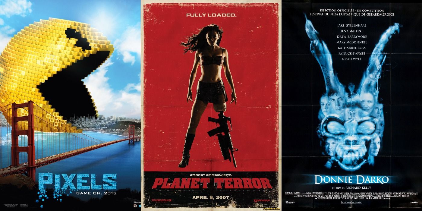 Three side by side movie posters for Pixels, Planet Terror and Donnie Darko.