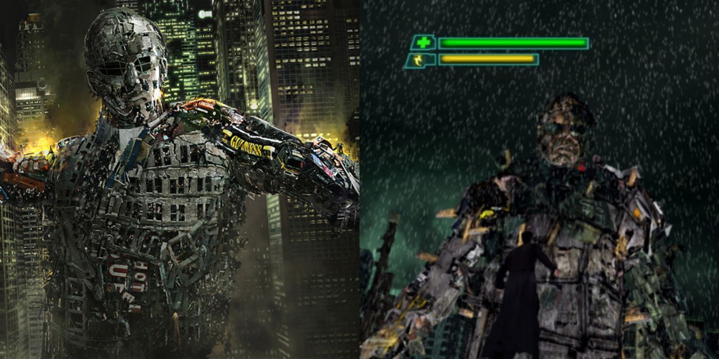 Split image of MegaSmith concept art and a screenshot of MegaSmith from The Matrix: The Path of Neo.