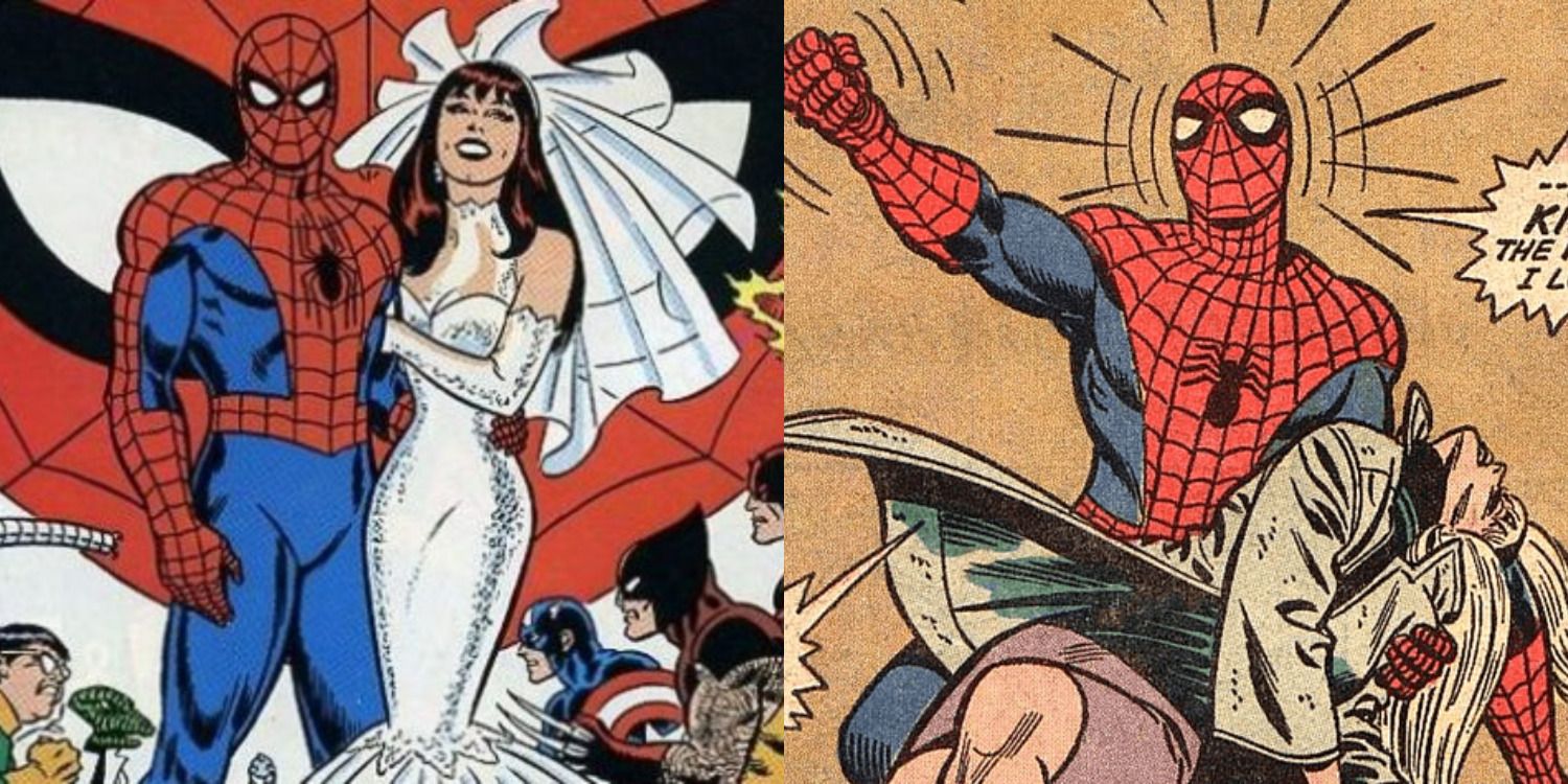 Spider-Man comics feature split image Peter and MJ get married and Gwen Stacy dies