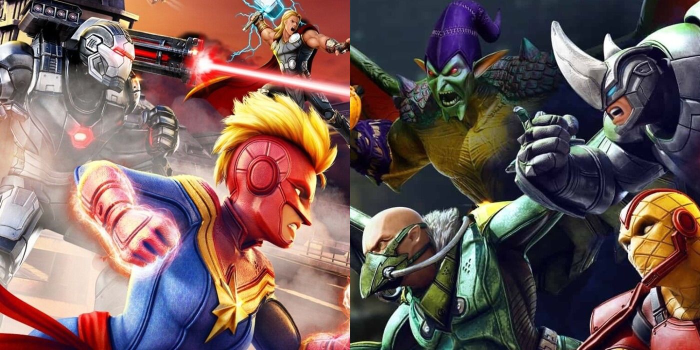 Split image of Captain Marvel, War Marchine &amp; Thor and the Sinister Six in Marvel Strike Force.