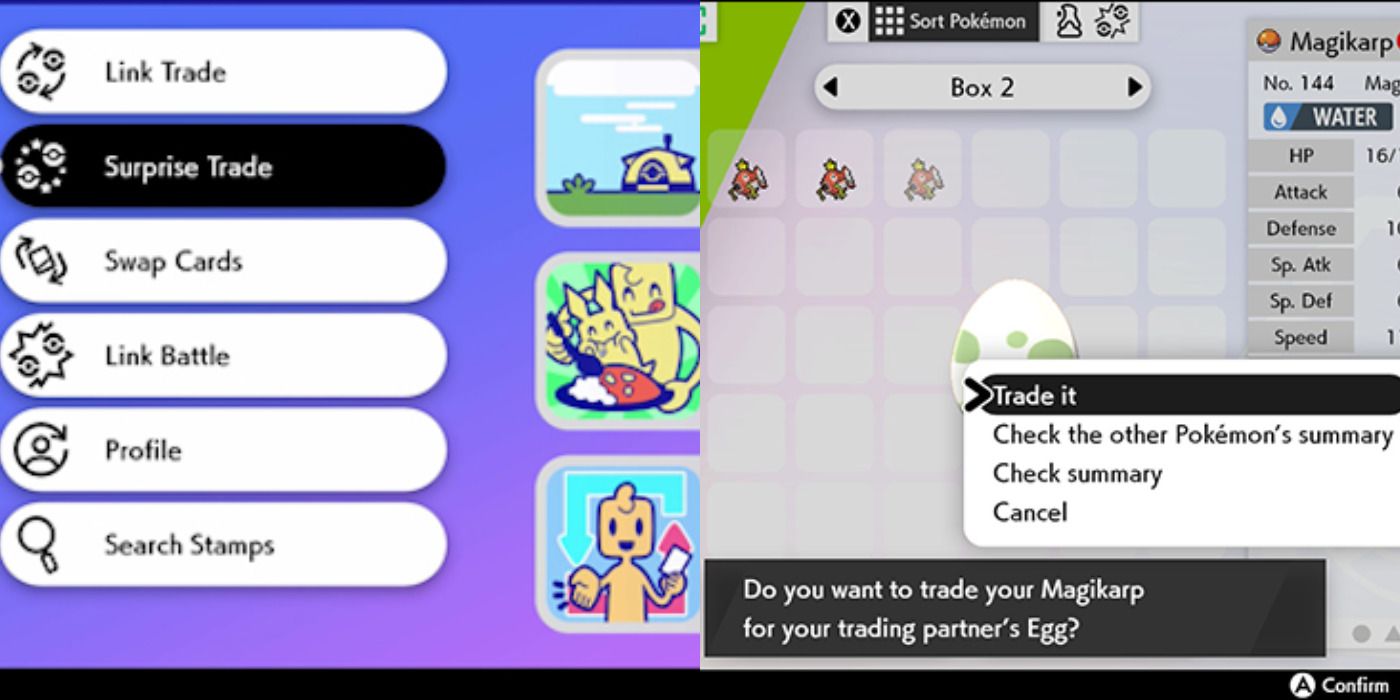 Split image showing the surprise trade option and the menu for items in Pokemon: Sword &amp; Shield.