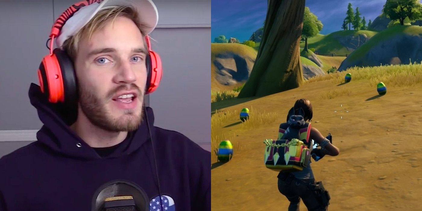 Split image of PewDiePie talking in a mic and a screenshot a player aiming a gun in Fortnite.