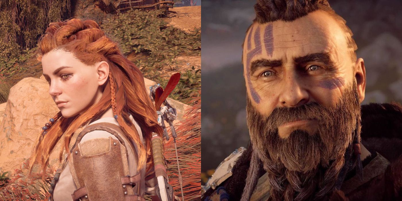 Split image of Aloy looking to her side & Rost looking in the distance in Horizon Zero Dawn.