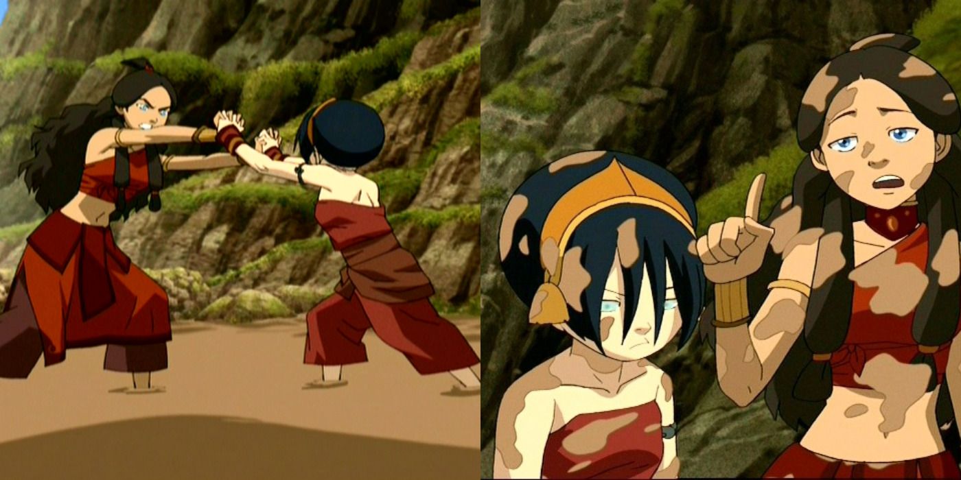 Split image of Toph and Katara fighting in the mud in Avatar: The Last Airbender..