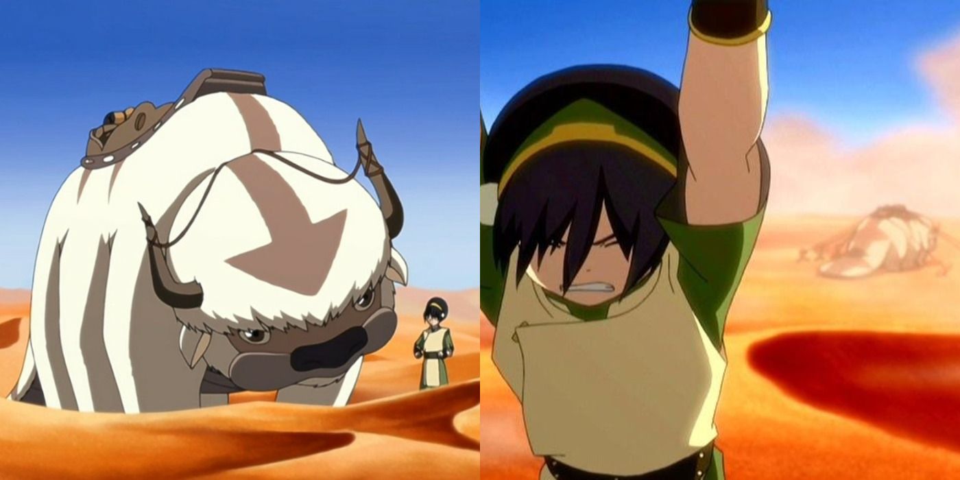 Split image of Toph and Appa in the desert and Appa being captured in Avatar: The Last Airbender.