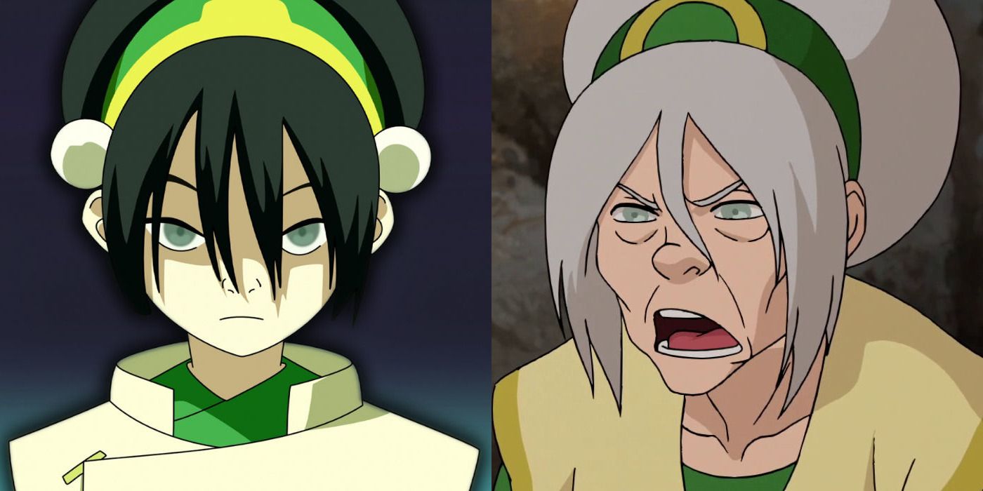 Split image of Toph as a young girl and as a screaming old woman in Avatar and The Legend of Korra.