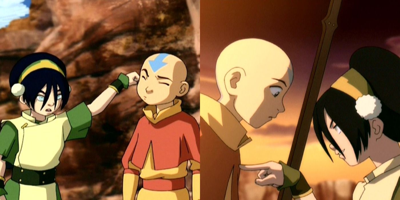 Split image of Toph knocking Aang on the head and pointing a finger at him in Avatar: The Last Airbender.