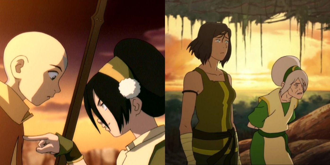 Split image of Toph pointing a finger at Aang in Avatar and with Korra in The Legend of Korra.