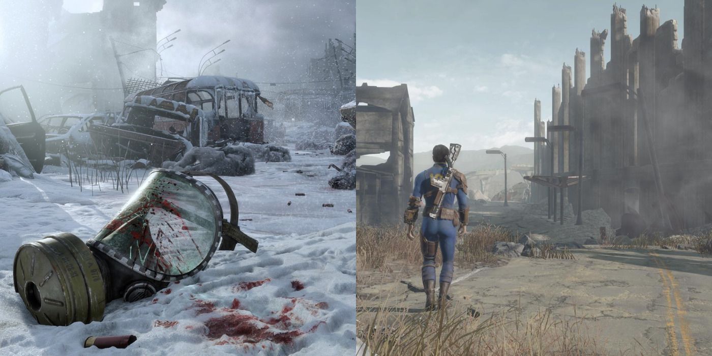 A split image of a snowy landscape in Metro Exodus and a deserted wasteland in Fallout 4.