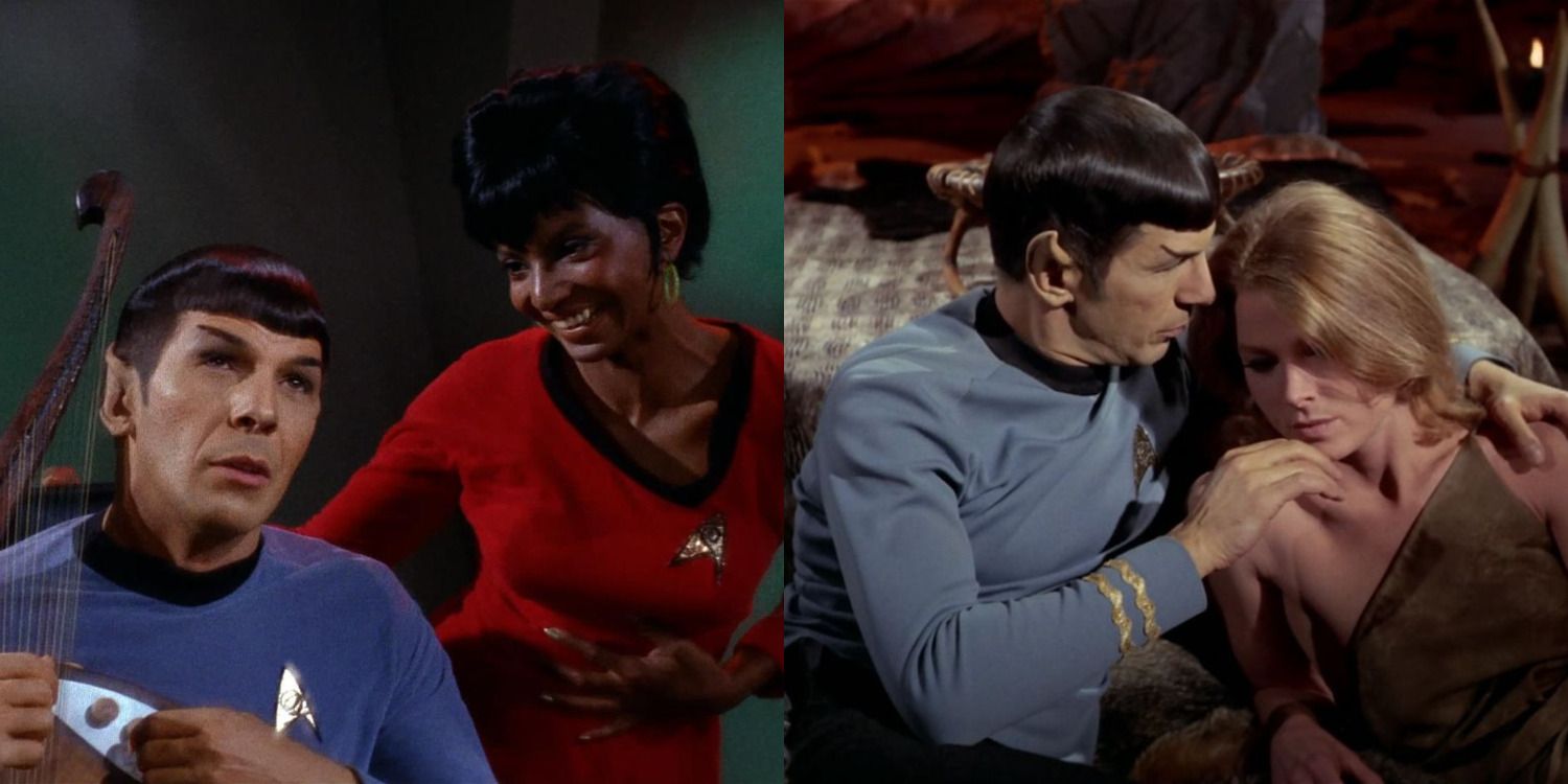 Star Trek Spock romances feature split image Uhura sings about Spock and Spock holds Zarabeth in the cave