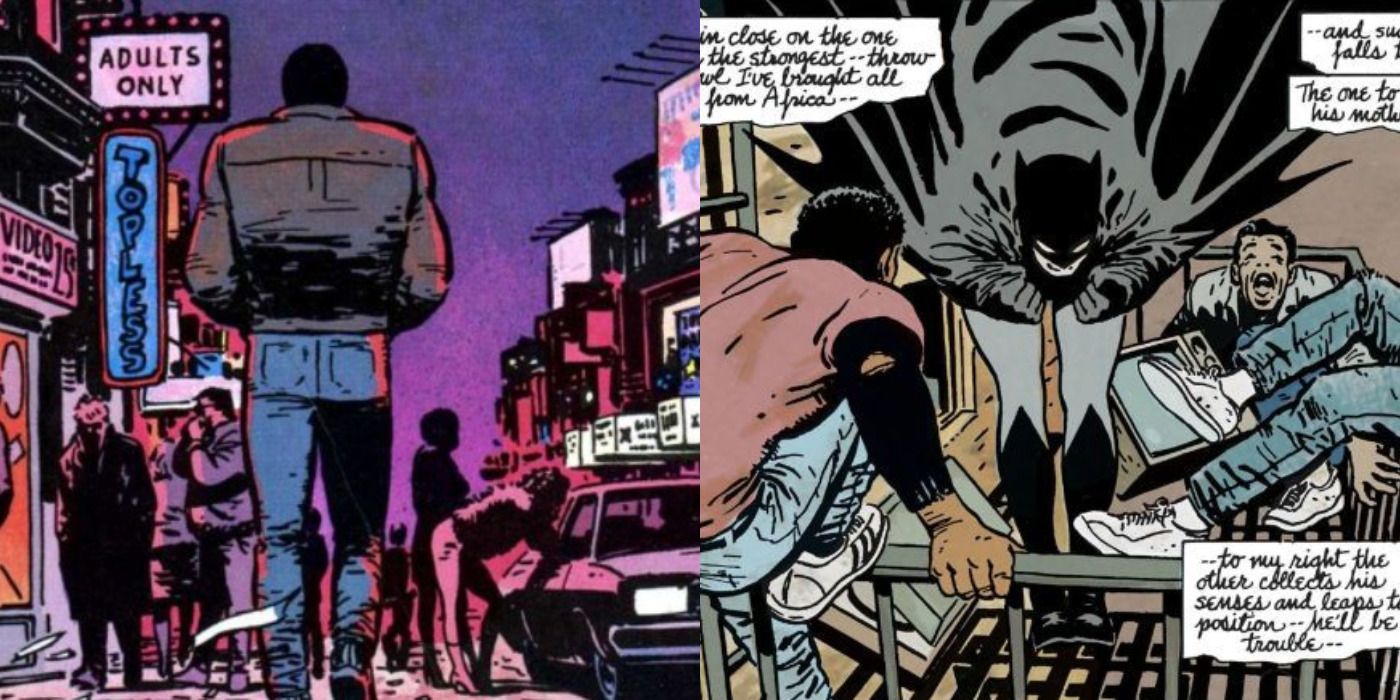 Split image of Bruce walking on Gotham's streets and Batman jumping into a gang hideout in Batman: Year One.