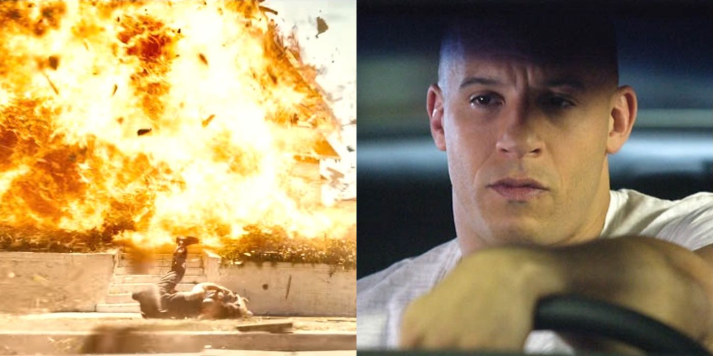 Split image of a house exploding and Dom at the wheel of his car in Furious 7.