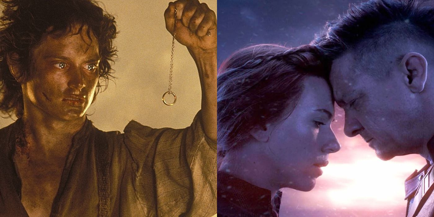 Split image of Frodo holding the Ring in Return of the King & Natasha & Clint in Avengers: Endgame.