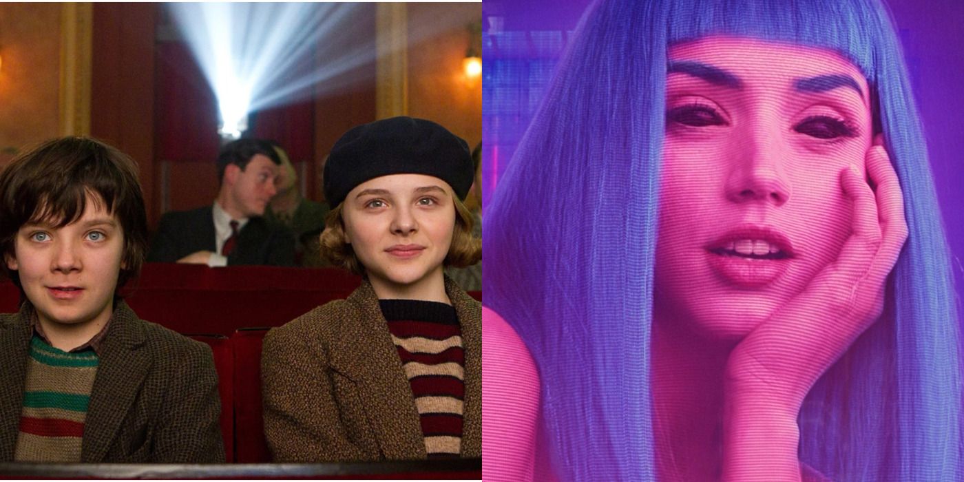 Split image showing Hugo and Isabelle watching a film in Hugo and Joi gazing in Blade Runner 2049.