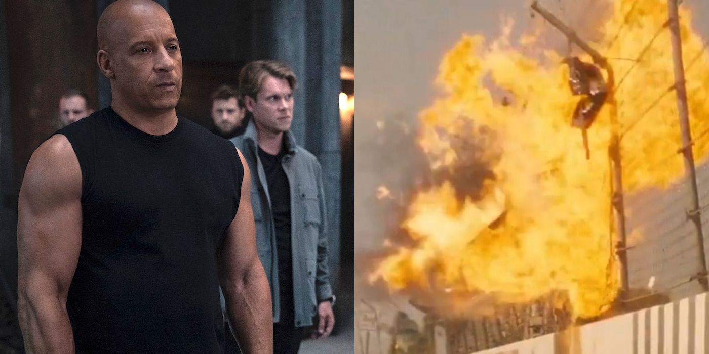 Split image of Dom standing with his crew behind him and an explosion at a racetrack in F9.