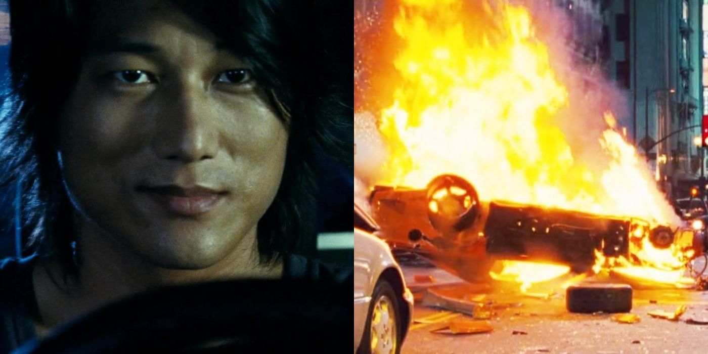 Split image of Han behind the wheel and his car exploding in The Fast and the Furious: Tokyo Drift.