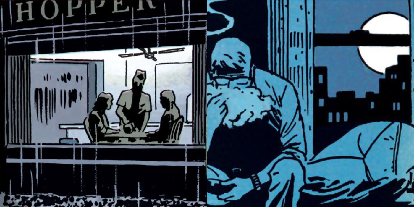 Split image of a couple being served in a diner and Gordon smoking on his bed in Batman: Year One.