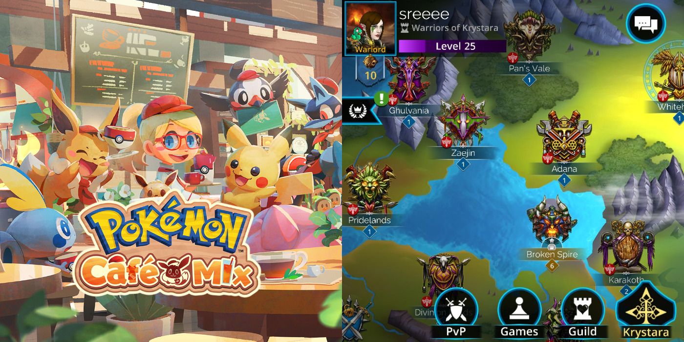 Split image of the cover to Pokémon Cafe Mix and gameplay of Gems of War for the Nintendo Switch.