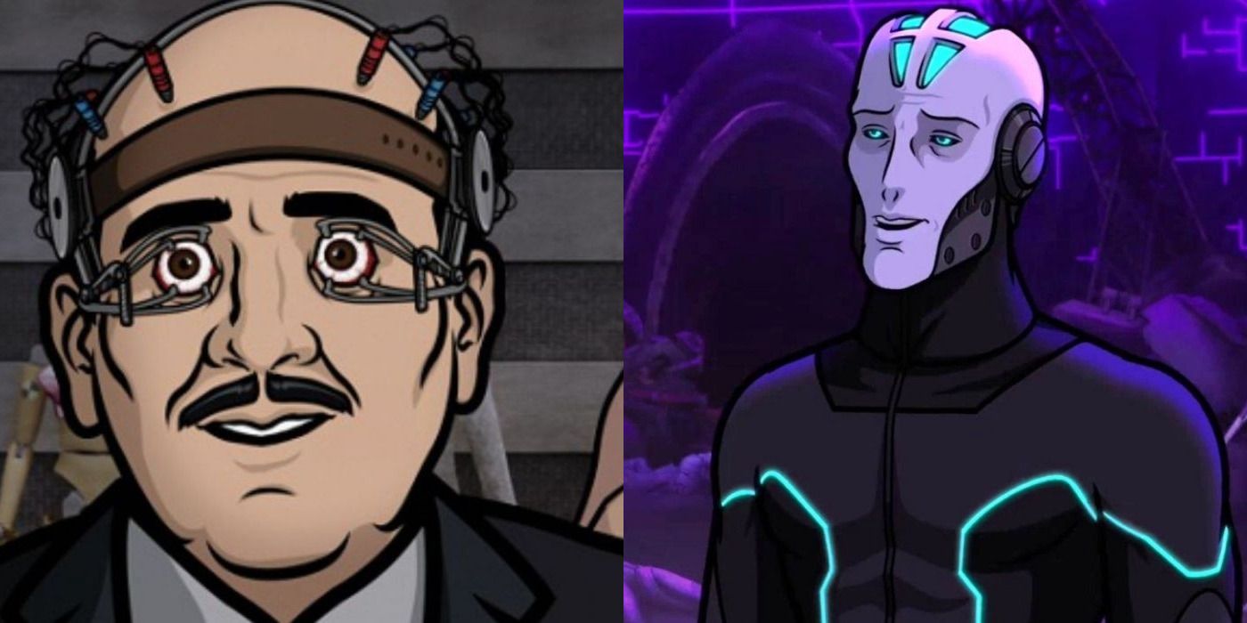 Split image of Len Trexler with his eyes held open and Mr. Deadly talking in the TV show Archer..