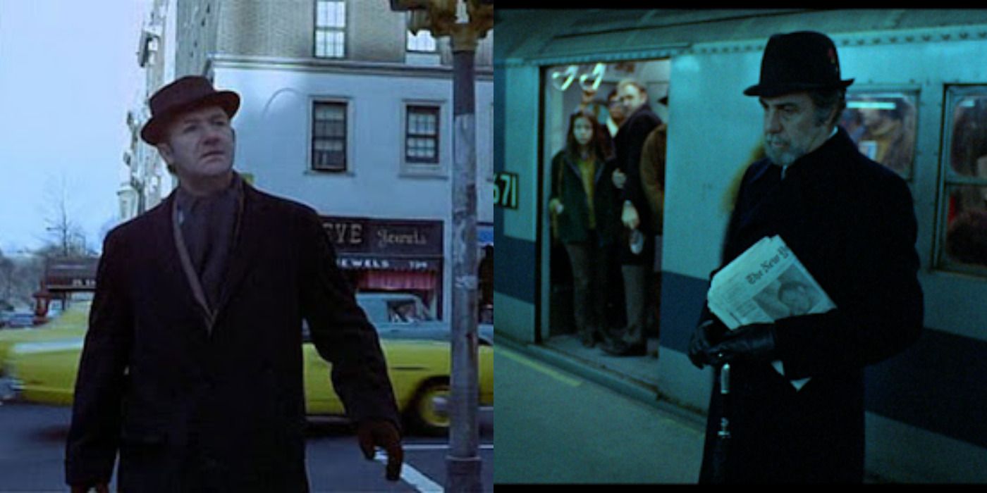 Split image of Popeye walking and Charnier in a subway in the 1971 film The French Connection.