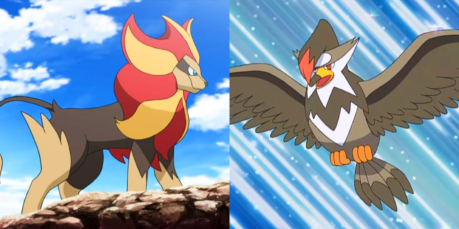 Split image: Pyroar stands on a cliff and Staraptor soars through the air in the Pokémon anime