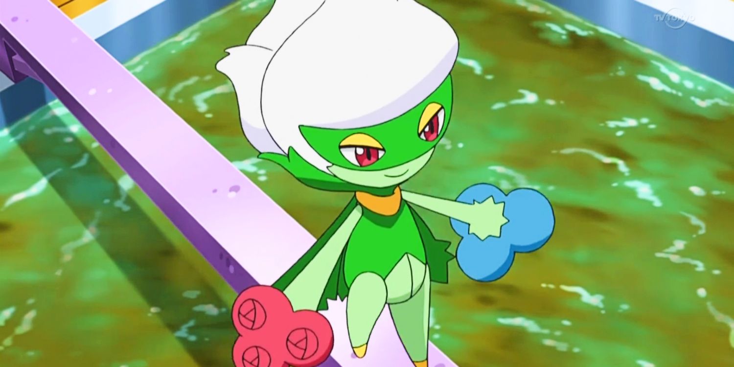 Roserade crosses an obstacle on a beam in the Pokémon anime.