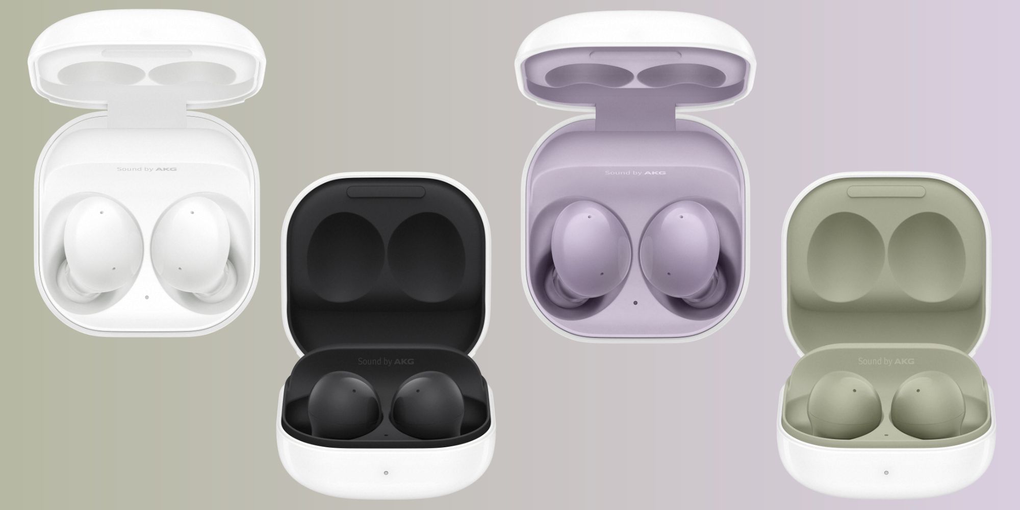 Samsung Galaxy Buds 2 in white, black, lavender, and olive