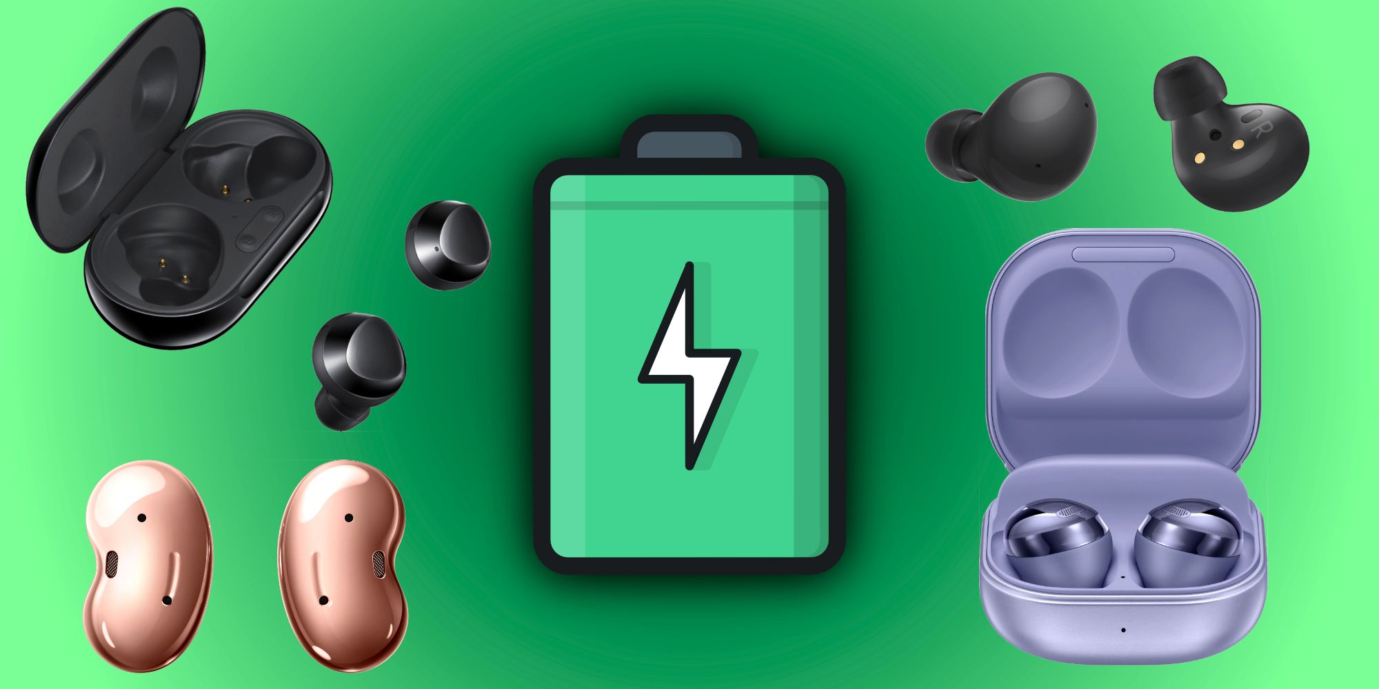 Samsung Galaxy Buds earbuds next to a battery icon