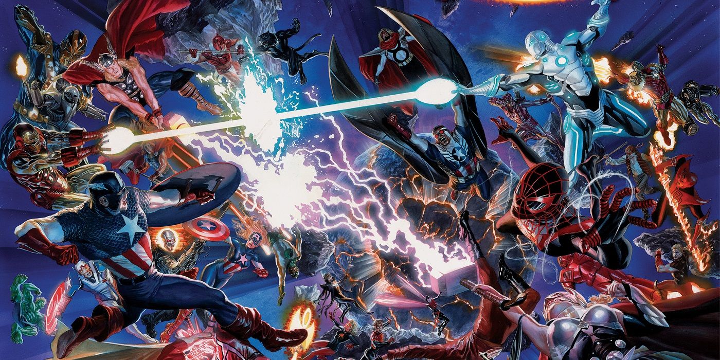 Uma imagem das variantes da Marvel lutando entre si na história em quadrinhos das Guerras Secretas. 