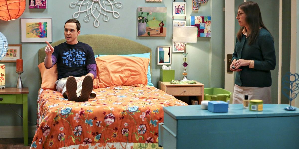 Sheldon trying out Penny's bed after he and Amy move in together in her apartment on TBBT