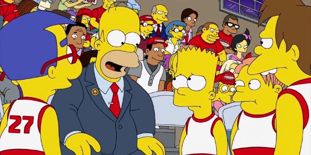 Homer talks to Milhouse, Bart, Martin and Nelson at their basketball game on The Simpsons